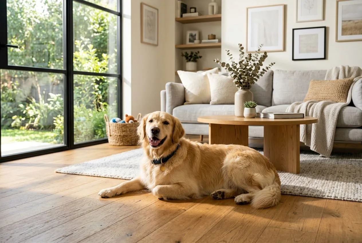 Perro golden retriever descansando tranquilo en la sala de una casa tratada por OESA