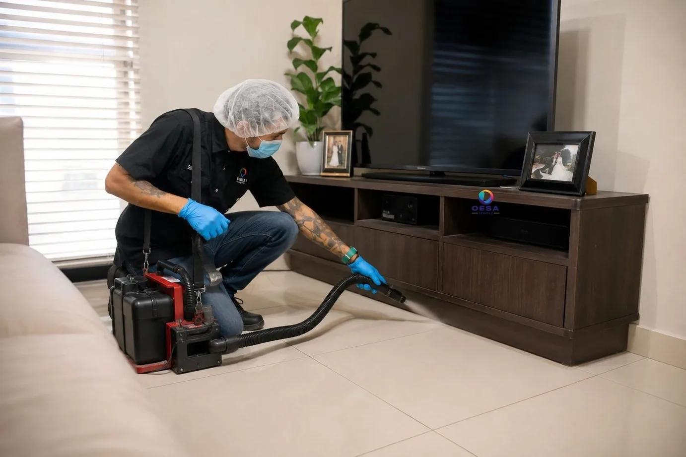 Técnico de OESA aplicando tratamiento con nebulizadora en la sala de una casa, con guantes, mascarilla y cofia